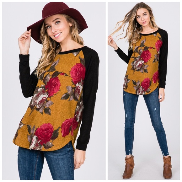 Tops - 🛍LAST 1! Mustard/Black Floral Brushed Sweater!